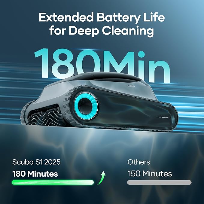 (2025 Upgrade) Aiper Scuba S1 Robotic Pool Cleaner, Wall & Waterline Cleaning, Double Filtration, Extended 180-Min Battery Life, Smart Navigation, App Support, OTA Upgrade (Renewed)