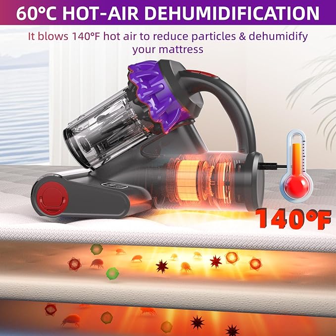 Mattress Vacuum Cleaner - 16Kpa Bed Vacuum with 253.7nm UV-C Light, 140°F Heat Ultrasonic & Hepa Filter, 500W Handheld Couch Cleaner with 3L Dust Cup for Pet Carpet Sofa Hair (D-Purple/Corded)