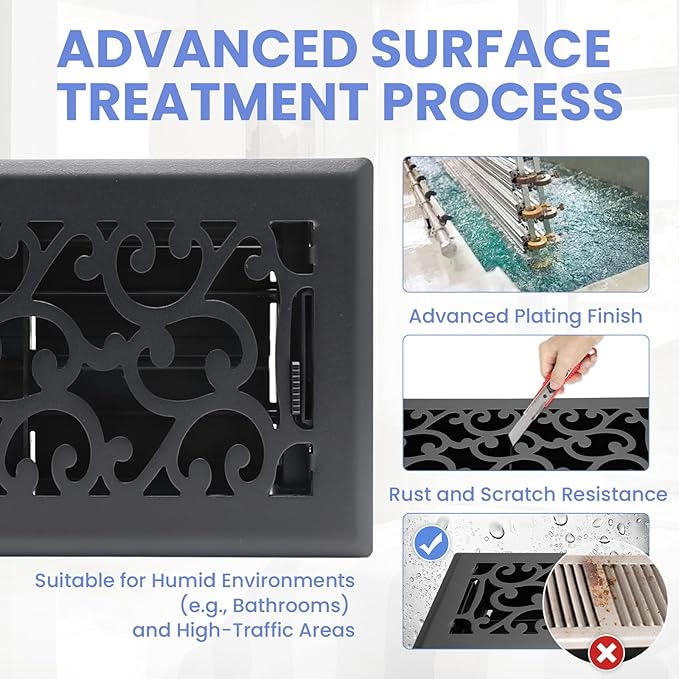 4x8 Inches 2 Pack Heavy Duty Walkable Floor Register - Easy Adjust Air Supply Lever Decorative Floor Vent Covers, Savannah Design Vent Covers for Home - Matte Black