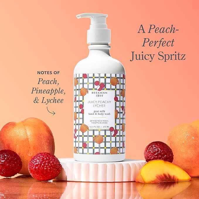 Beekman 1802 Goat Milk Hand Wash – Juicy Peachy Lychee – Scented – 12.5 fl oz – Moisturizing & Gentle – Good for Sensitive Skin – Ready for Use, Pump Inserted