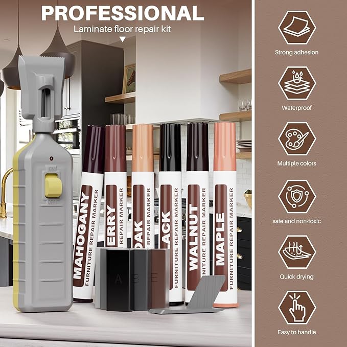 Laminate Floor Repair Kit -6PCS Vinyl Floor Wax with 6PCS Wood Touch Up Marker Restore Any Scratches, Stains, Cracks, Hole for Floor, Door, Cabinet