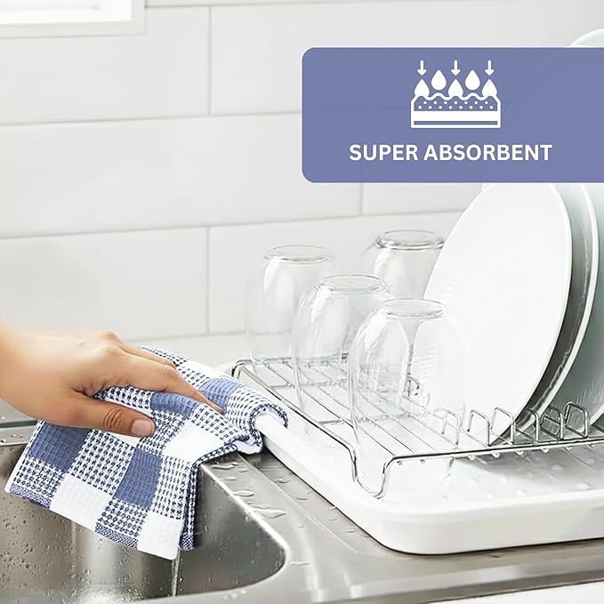 PurpleEssences 100% Cotton Waffle Weave Check Plaid Kitchen Towels, Super Soft and Absorbent Dish Towels for Drying Dishes 15x25-6 Pack - Christmas Holiday Winter - Smoky Grey and White