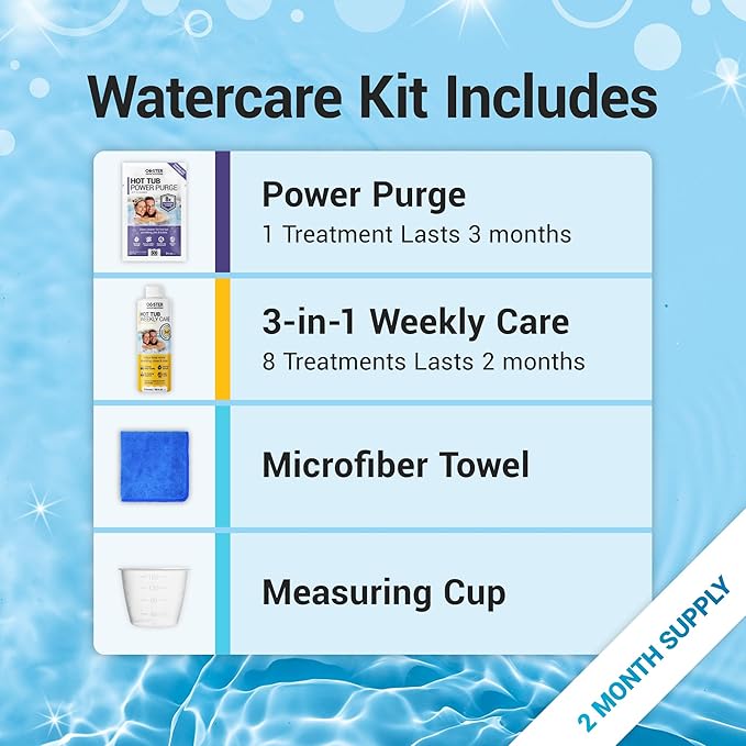 Bio Ouster Hot Tub Chemicals Kit Complete Hot Tub Cleaner Kit with 3in1 Weekly Care, Power Purge Jet Cleaner, Towel, Measuring Cup for Standard and Inflatable Spas Made in USA