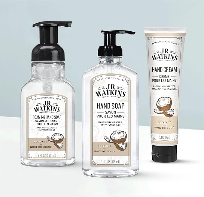 J.R. Watkins Foaming Hand Soap Pump with Dispenser, Moisturizing Hand Soap Foam, Alcohol-Free and Cruelty-Free, Use for Kitchen or Bathroom, Noix De Coco/Coconut, 9 fl oz, 3 Pack