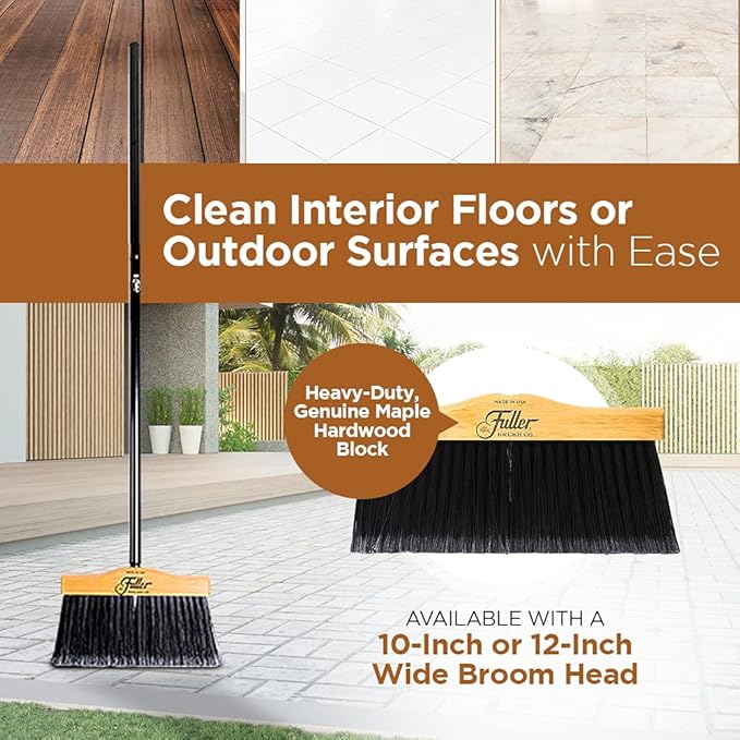 Fuller Brush 10-Inch Maple Wood Broom with 2 Piece Black Steel Threaded Handle for Indoor and Outdoor Cleaning on Hard Floors, Tile, Concrete, and Garage Surfaces