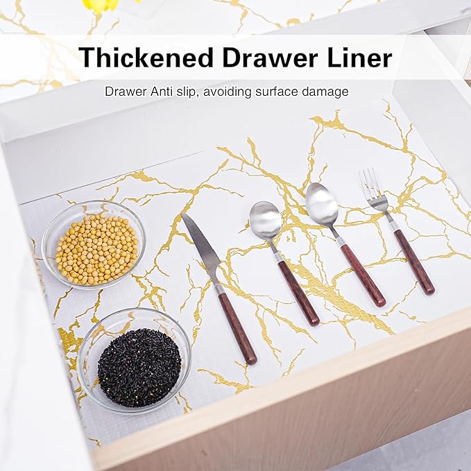 Drawer and Shelf Liner for Kitchen Cabinet,Non-Adhesive Cabinet Liner 24in x 10FT,Waterproof Shelf Paper Non-Slip Mats Cupboard Liners Contact Protect Dresser/Shelves/Table-Gold Marble