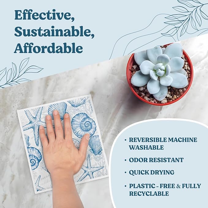 Swedish Dishcloths for Kitchen, Summer Coastal Turtle Beach Decor Kitchen Dish Towels for Washing Dishes, 4 Pack Reusable Paper Towels, Sponge Cloths for Home Cleaning Baking Cooking