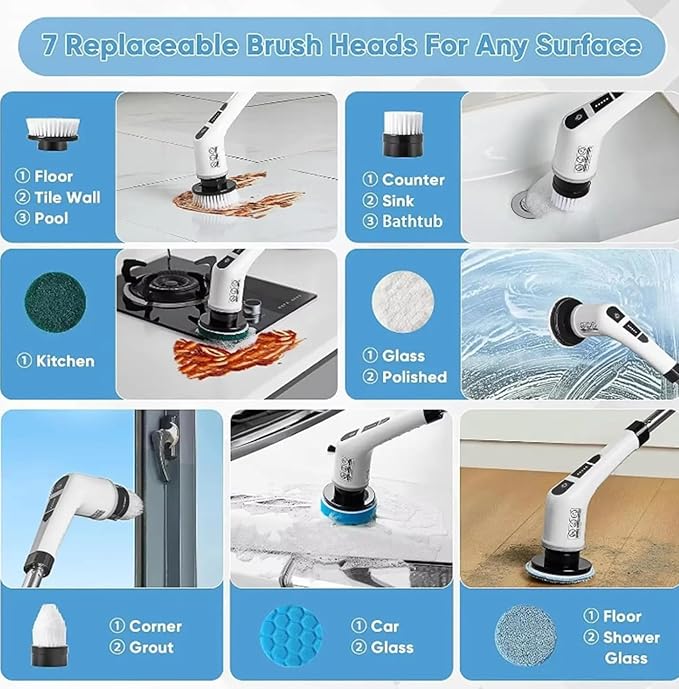 Electric Spin Scrubber, Cordless Cleaning Brush with 2 Speeds, Power Scrubber with 7 Replaceable Brush Heads and Extension Handle, Power Cleaning Brush for Floor Tile,Bathroom,Shower Bathtub,Glass,Car
