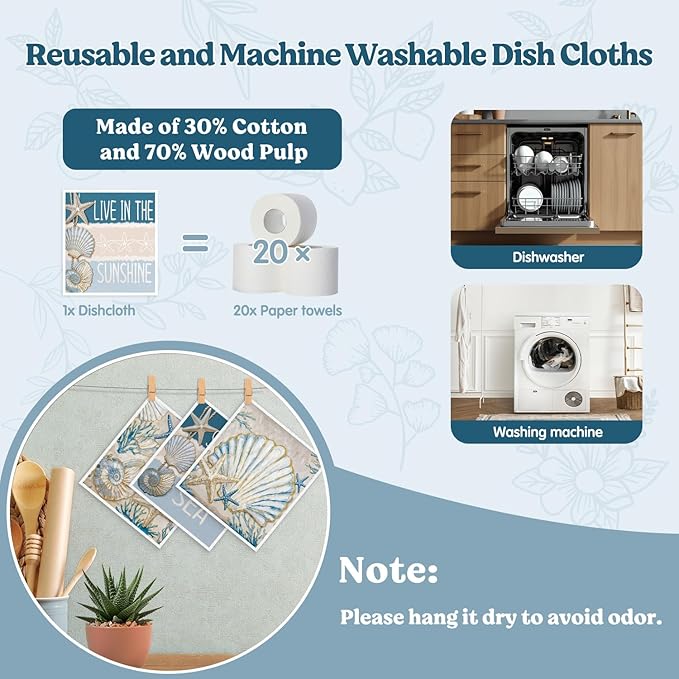 Swedish Dishcloths for Kitchen, Summer Coastal Seashell Kitchen Dish Towels for Washing Dishes, 4 Pack Reusable Paper Towels Washable, Sponge Cloths for Home Cleaning Baking Cooking Decor