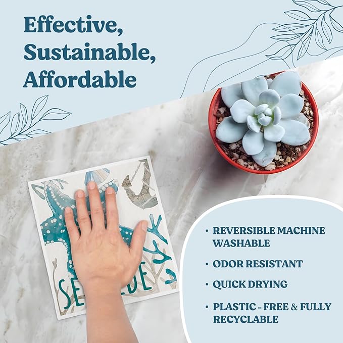 Swedish Dishcloths for Kitchen, Summer Coastal Ocean Beach Decor Kitchen Dish Towels for Washing Dishes, 4 Pack Reusable Paper Towels Washable, Sponge Cloths for Cleaning Home Kitchen Decor