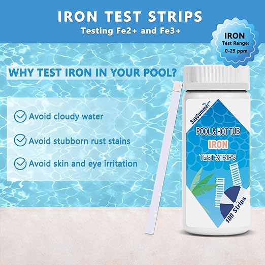 Iron Test Strips for Pool Water: 100 Counts Pool Iron Test Kit Testing 0-25 ppm Iron in Hot-Tub Spa - Pool Metal Test Kit for Above-grough and Inground Pool Testing Iron (Fe2+ and Fe3+)