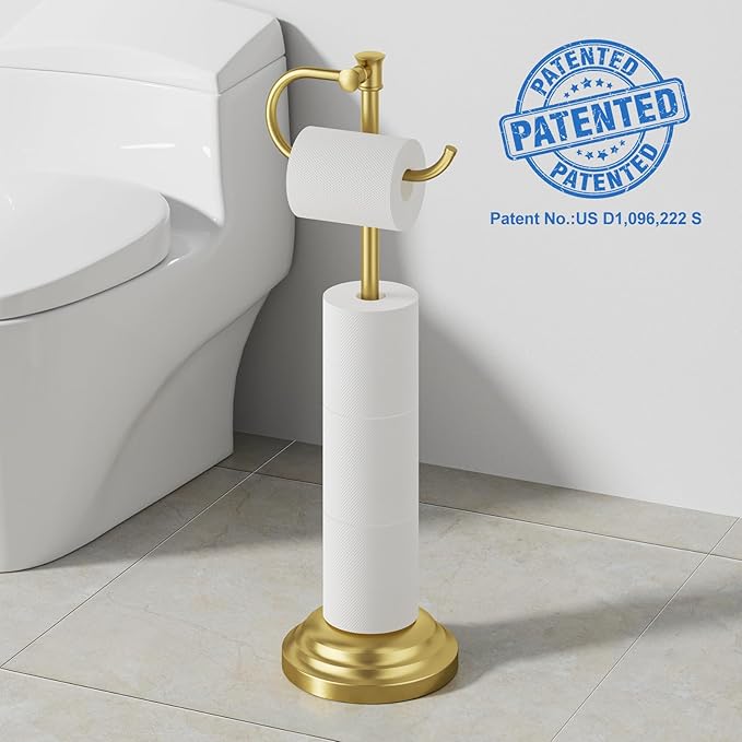 RUMOSE Toilet Paper Holder Stand for Floor, Brushed Gold Bathroom Free Standing Toilet Tissue Roll Holder with Storage, Adjustable 17-25 Inch, SUS304 Stainless Steel