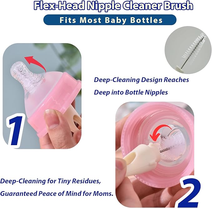 Baby Bottle Brush Set, Long Handle Durable Sponge & Nipple Brush, BPA-Free for Cleaning Sippy Cups, Straws, Small Narrow Baby Bottles and Pacifiers，Green