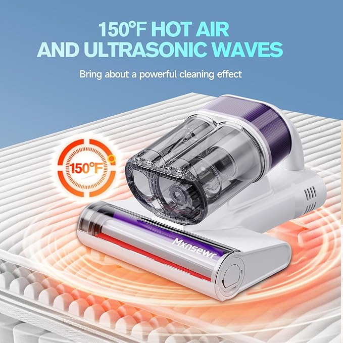 Mattress Vacuum Cleaner, Ultrasonic Bed Vacuum Cleaner with 18Kpa Strong Suction, 150°F Heat & 253.7nm UV-C Light, Intelligent Dual Cup, One-Click Dust Removal for Bed, Sofa, Pet Hair, White