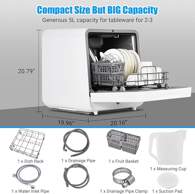 Portable Countertop Dishwasher with 5L Water Tank, Large Display, 2-in-1 Function, 6 Wash Programs, Mini Dishwasher for Apartments, RVs, Dorms, White