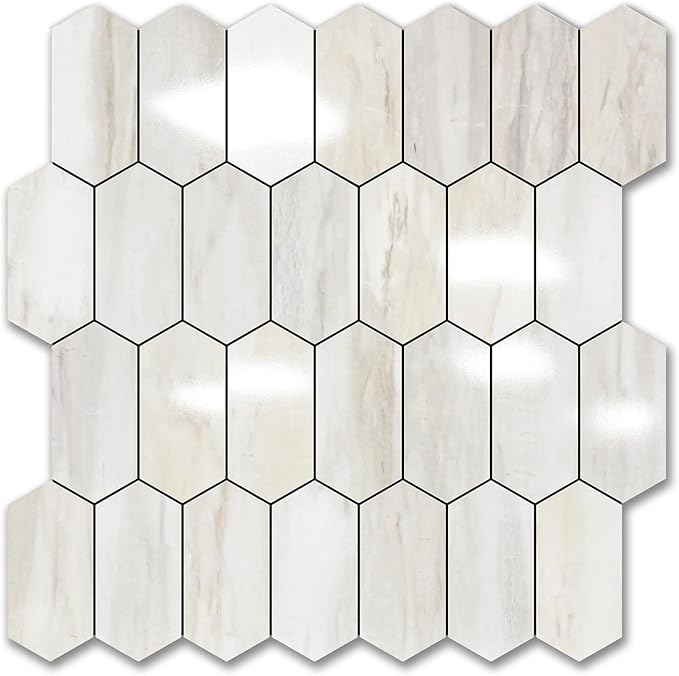 Vamos Tile Long Hexagon Peel and Stick Backsplash Tile - 1 Sheet Stick on Backsplash for Kitchen and Bathroom 12.4 x 12 Inch Glossy Wood Grain PVC Self Adhesive Mosaic Wall Tiles