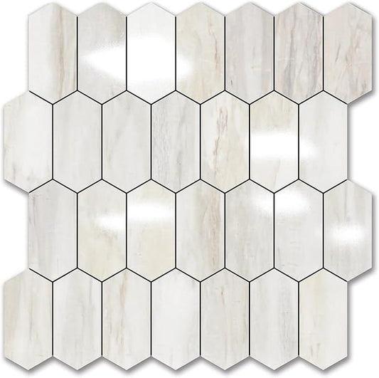Vamos Tile Long Hexagon Peel and Stick Backsplash Tile - 1 Sheet Stick on Backsplash for Kitchen and Bathroom 12.4 x 12 Inch Glossy Wood Grain PVC Self Adhesive Mosaic Wall Tiles