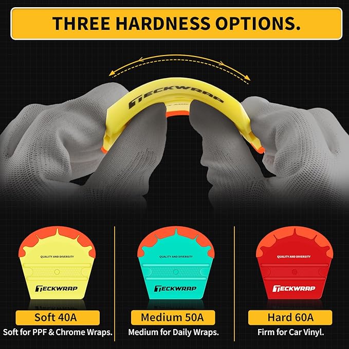 TECKWRAP Felt Squeegee for Vinyl Wrap, Pro Car Wrap Tool Kit with 3 Hardness Levels (Soft/Medium/Hard),Fan-Shape, Premium Felt Edge (Yellow 40A / Green 50A / Red 60A)