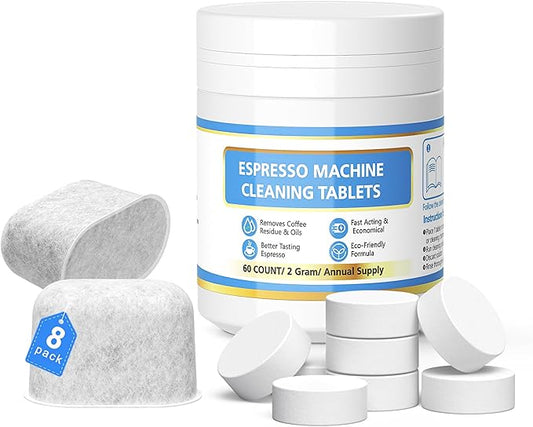 Cleaning Kit for Breville, 60 Cleaning Tablets and 8 Water Filters for Breville Espresso Machines - 2g Espresso Machine Tablets-16 Months Supply