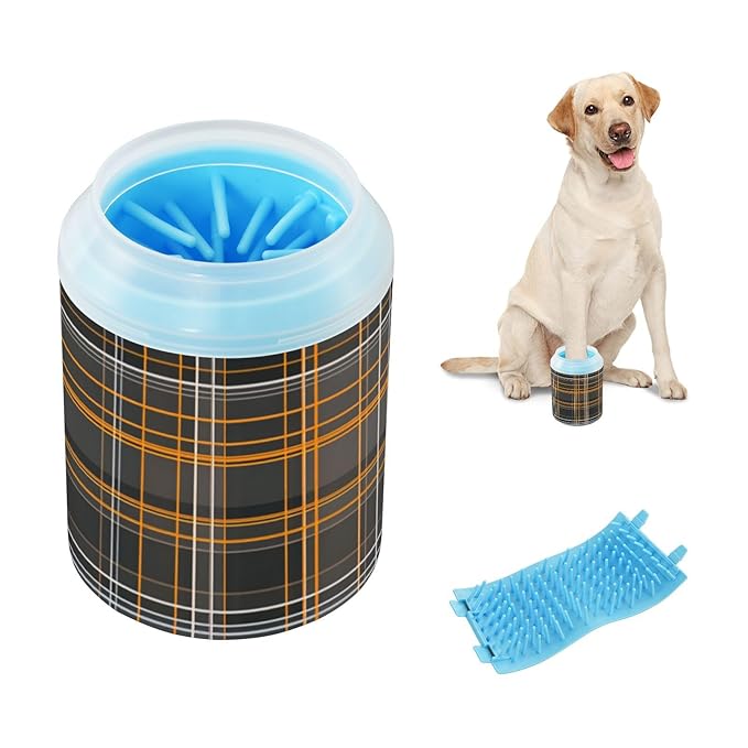 Dog Paw Cleaner Cups for Dogs Pet Foot Washer Paw Scrubber for Small Medium Large Dogs Cats Cleaning Cup Gray Orange Checkered Pattern