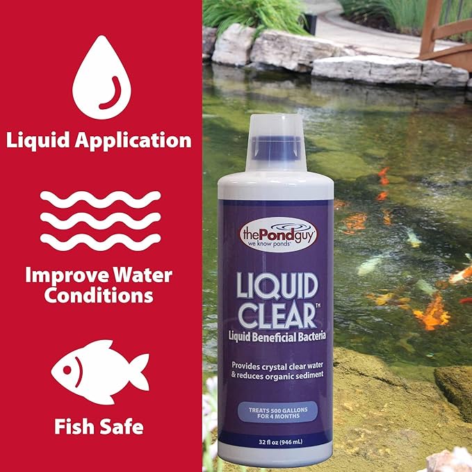 The Pond Guy LiquidClear Beneficial Bacteria Pond Cleaner for Outdoor Water Gardens & Small Ponds, Cloudy Water Reducer, Fish & Plant Safe, 32 Ounce