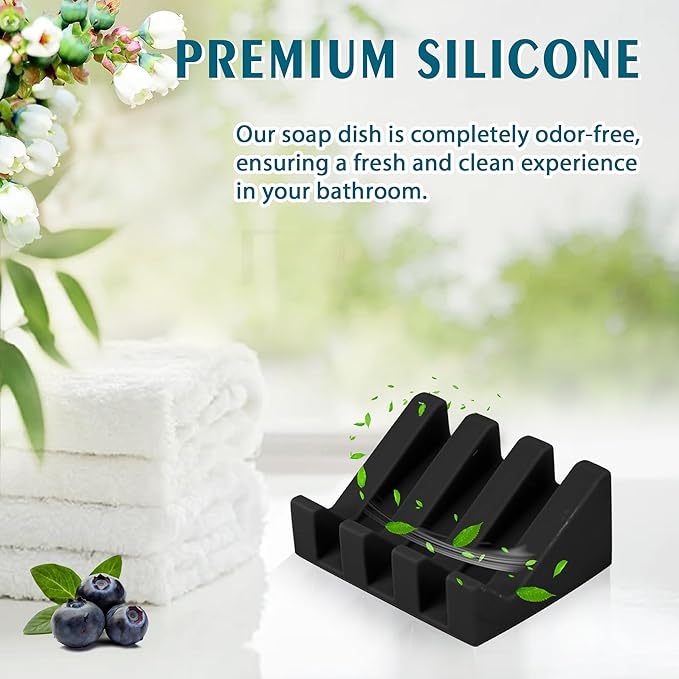 Silicone Soap Dish with Drain, Upgrade Double Suction Cups at The Bottom for Anti-Slip and Stability, Soap Dish Shower Waterfall Bar Soap Holder Tray with Drain Soap Holder (2, Black)