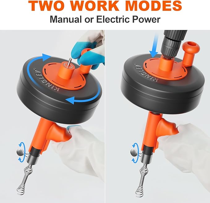 Drain Snake, 25ft Flexible Steel Drain Auger With Drill Adapter, Plumbing Unblocking Hand Auger, Manual Or Powered for Shower & Bathtub Clogs-No auto retract or feed (Orange)