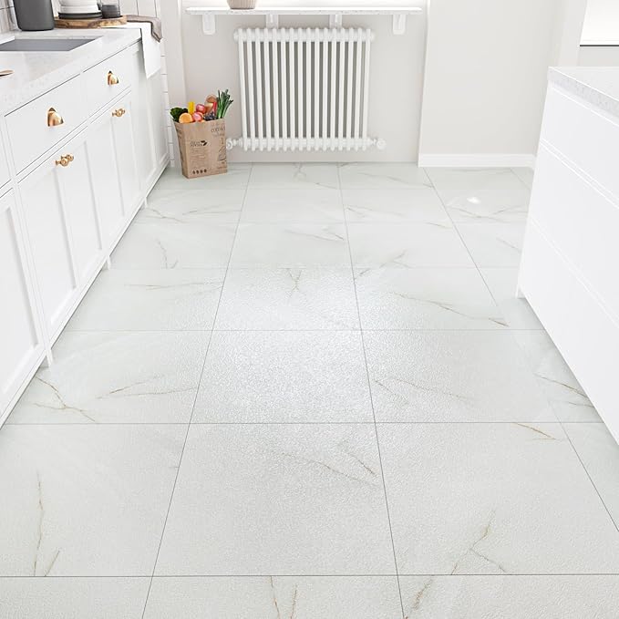 LIKILIKI White/Gray Marble Peel and Stick Floor Tile for Bathroom Waterproof Marble Vinyl Flooring Tiles Stick on Floor Tiles Removable Thick Flooring Tile for Bedroom Kitchen Living Room 5PCS 12"x12"
