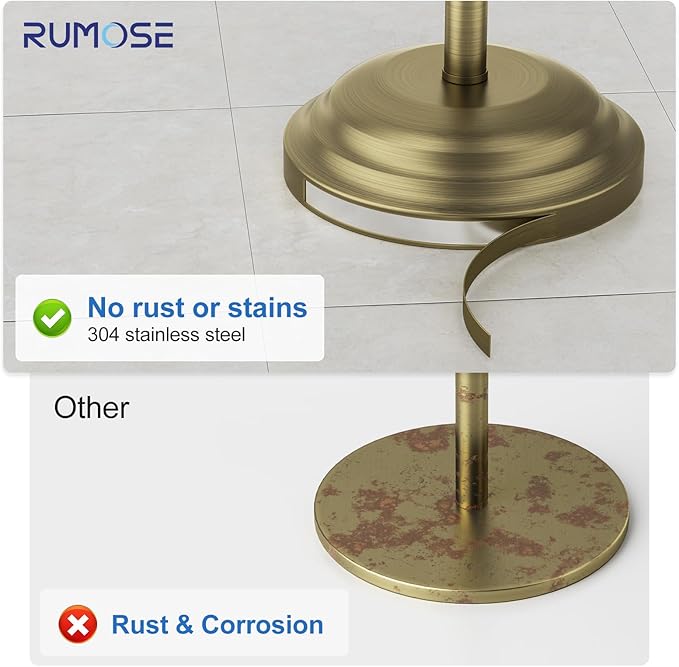 RUMOSE Toilet Paper Holder Stand for Floor, Antique Brass Bathroom Free Standing Toilet Tissue Roll Holder with Storage, Adjustable 17-25 Inch, SUS304 Stainless Steel