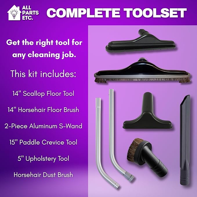 Commercial Backpack Vacuum Attachment Kit 1 1/2" - Compatible with ProTeam, Tennant, Sandia, Powr-Flite & More - with Aluminum S-Wand, Hard Floor Tool, Crevice Tool, Dust & Upholstery Brush 7-Pack