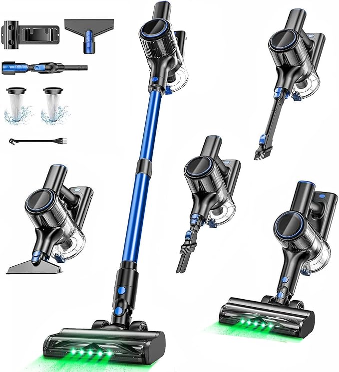 Cordless Vacuum Cleaner, 45000Pa/450W/50Mins Vacuum Cleaners for Home, 8-in-1 Stick Vacuum with LED Screen, Anti-Tangle, Lightweight Rechargeable Vacuum for Carpet Pet Hair Hardwood Floor Blue