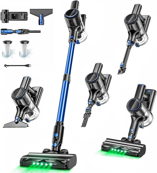 Cordless Vacuum Cleaner, 45000Pa/450W/50Mins Vacuum Cleaners for Home, 8-in-1 Stick Vacuum with LED Screen, Anti-Tangle, Lightweight Rechargeable Vacuum for Carpet Pet Hair Hardwood Floor Blue