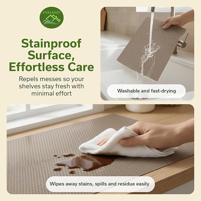 EVALAND Shelf Liners for Kitchen Cabinets Non-Adhesive 17.7" x 33 FT Beige Drawer Liner Non Slip, Washable Cabinet Liner, Waterproof Shelf Liners for Cabinets, Refrigerator Bathroom Pantry Cabinet Mat