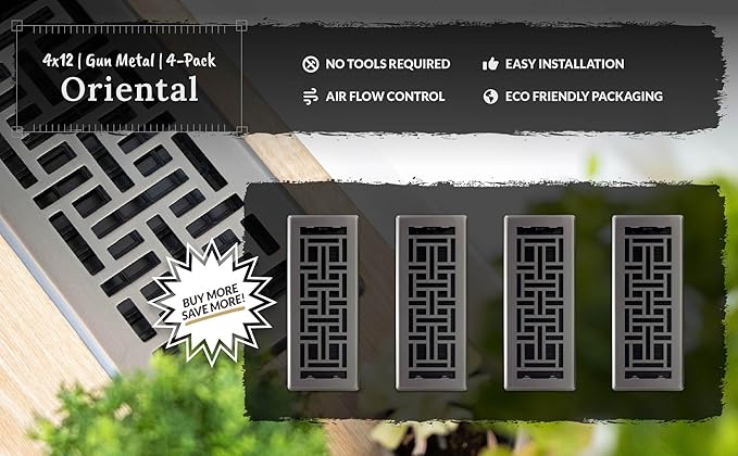 Decor Grates (4-Pack) AJH412-GM Oriental Floor Register, 4x12 Inches, Gun Metal Finish