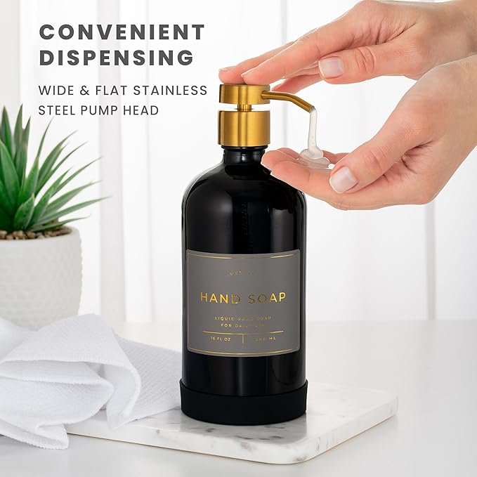 Hand and Dish Soap Dispenser for Kitchen and Bathroom, Set of 2 16 Oz Glass Bottles, Stainless Steel Pumps, Non-Slip Silicone Base, 27 Waterproof Labels (Gloss Black Bottle/Brushed Gold Pump)