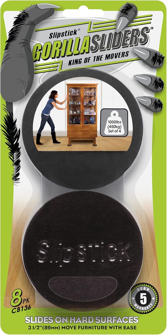 GorillaSliders Premium Felt Furniture Sliders for Hardwood Floors (8 Pack) Reusable 3-1/2” Round Felt Furniture Movers for Sliding on Hard Surfaces, Heavy Duty Felt & Rubber Foam, Black, CB136