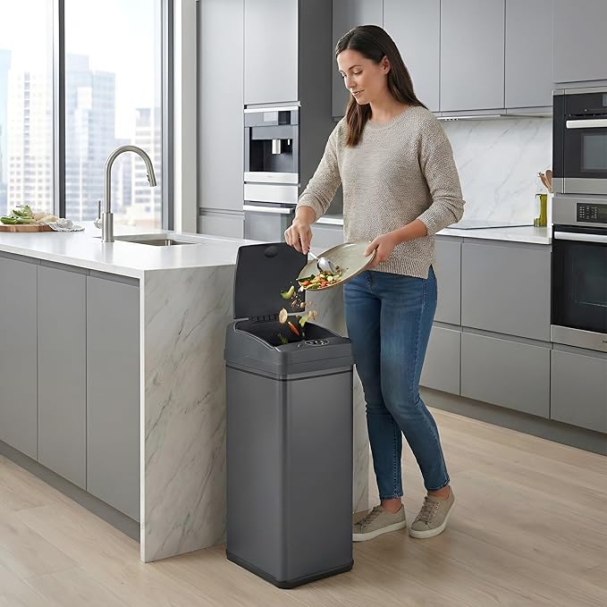 iTouchless 13 Gallon Kitchen Trash Can with Odor Filter, Automatic Motion Sensor Bin, Soft-Close Stainless Steel, Slim Wastebasket for Narrow Spaces, Gunmetal Gray