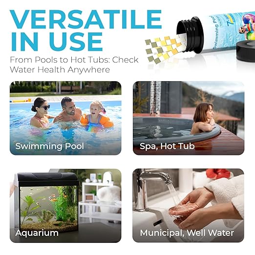 7-Way Pool Test Strips, 100 Strips Water Chemical Testing for Hot tub and Spa, Accurate Test Bromine, Total Alkalinity, pH, Free Chlorine, Total Hardness, Cyanuric Acid, and Total Chlorine