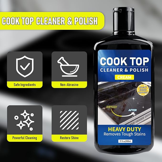 Cooktop Cleaner Kit,35 oz Glass Top Stove Cleaner and Polish,Stove Top Cleaner Kit with Scraper,Scrubbing Pad,Removes Tough Stains