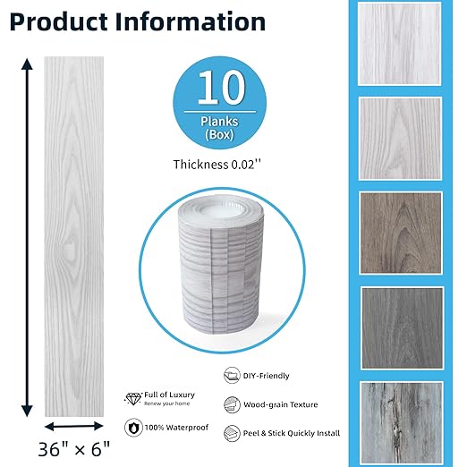 Art3d 15 Sq.ft Peel and Stick Floor Tiles, 10Pcs Luxury Vinyl Plank Flooring Wood Look, 36" × 6" Adhesive and Waterproof Tile Sticker for Bedroom, Living Room, Kitchen, Light Gray