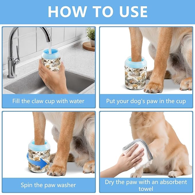 Dog Paw Cleaner Cups for Dogs Pets Foot Washer Paw Scrubber for Medium Small Cats Dogs Cute Cleaning Cup Beige Fox Flowers Mountains Butterflies