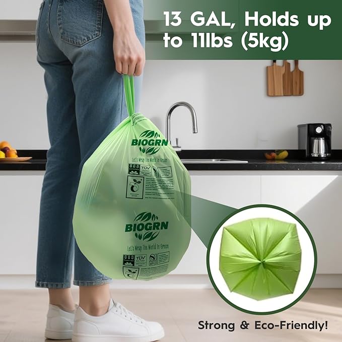 10-13 Gallon Compostable Trash Bags with Handles Tie 30 Bags Biodegradable Garbage Bags Food Scrap Green Waste Bags Thick 0.87 Mil 49.21 Liter ASTM D6400, US BPI and OK Compost Home Certified