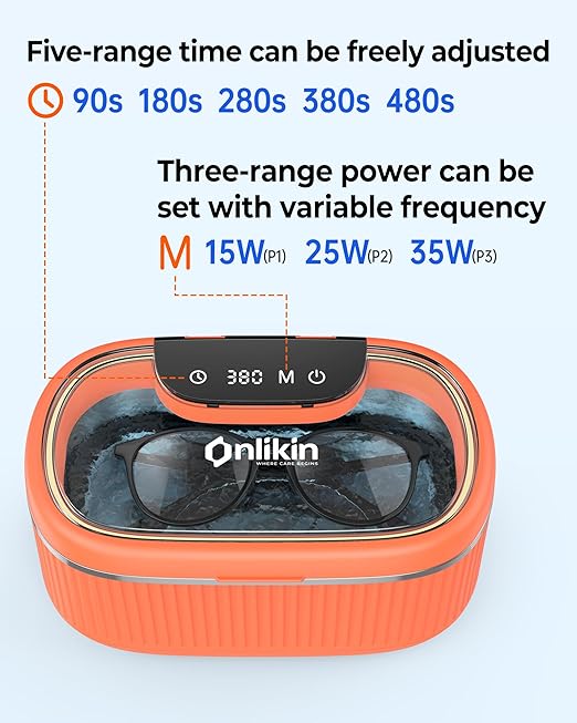 35W Ultrasonic Jewelry Cleaner, 45KHz Retainer Cleaner for Jewelry, 5 Timer & 3 Power Modes, Eyeglasses, Rings, Watch Strap, Dentures - 20oz, 304 Stainless Steel Tank, Quiet <38dB (Orange)