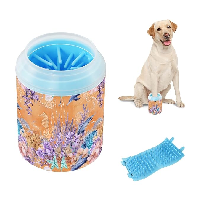 Dog Paw Cleaner Cups for Dogs Pets Foot Washer Paw Scrubber for Medium Small Cats Dogs Cute Cleaning Cup Orange Dolphins Flowers Coral Waves