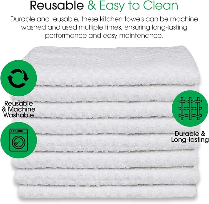 DG Collections White Kitchen Towels - 100% Cotton Terry Tea Towels for Cleaning, Drying, and Highly Absorbent Kitchen Dish Cloth for Bar Cleaning - 8 Pack - 15 x 25 Inches