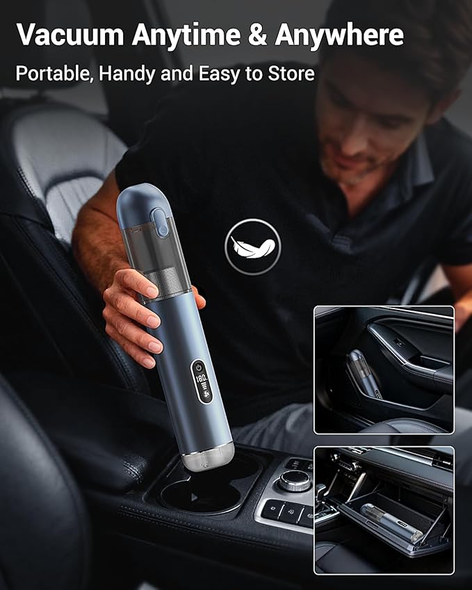 Handheld Vacuum Cordless, Powerful 18Kpa Car Vacuum with Brushless Motor, Portable Hand Held Vacuum with 3 Speed Modes, 5- in-1 Mini Vacuum Cleaner with White LED & Red Flash for home/Car/Office