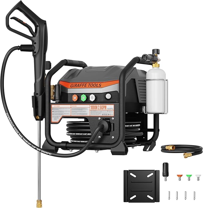 Giraffe Tools Crossfalls Retractable Pressure Washer Ultra, Features 1000H All-Copper Pump, Dual Wall/Floor Mount, Brushless Motor, 60dB Low Noise, High Efficiency Cleaning Machine