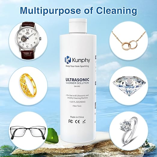 kunphy Sonic Jewelry Cleaner - Effective Solution for Cleaning Gold, Silver, Platinum, Diamonds, and Eyeglasses Watch, 8.5 oz (2 packs)