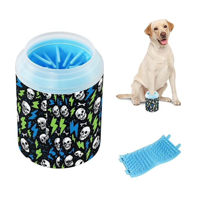 Dog Paw Cleaner Cups for Dogs Pets Foot Washer Paw Scrubber for Medium Small Cats Dogs Cute Cleaning Cup Skull Lightning Colorful