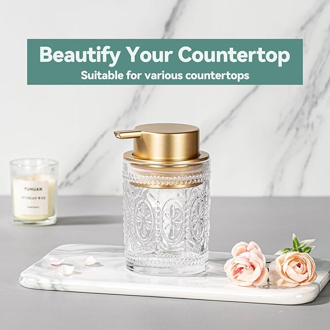 Glass Foaming Soap Dispenser - 8 Oz Foam Hand Soap Dispenser for Bathroom, Face Wash Dispenser Bottle with Golden Foam Pump, Refillable Lotion Dish Dispenser for Kitchen